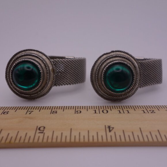 Watch Band Style Circular Green Stone Cuff Links - Picture 9 of 16